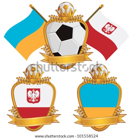poland and ukraine football flag emblems for european tournament, isolated on white