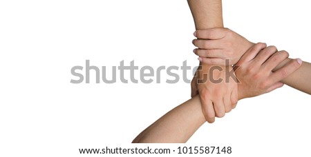 Three human join hands together isolated on white background, collaboration of business and education teamwork concept Royalty-Free Stock Photo #1015587148