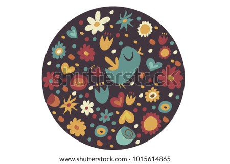 spring pattern in a circle on a brown background. The bird sings, different kinds of flowers of different colors (rose, daisies, chamomile, pansies and others)