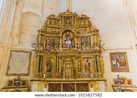 Burgos, Spain - october, 2016: architecture religion background. view of interior element of gothic Cathedral of Saint Mary of Burgos (Santa Maria de Burgos) Spain. 