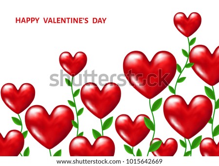Red realistic  flowers in the shape of hearts with green stems and  leaves on  white  background. Love. Wedding decoration. Vector  illustration for  Valentines day banner, greeting  card templates.