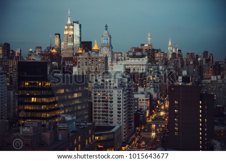 New York City streets view to Manhattan Midtown at twilight time