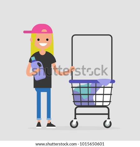 Daily routine. Young female character washing clothes in a public coin laundry. Flat editable vector illustration, clip art