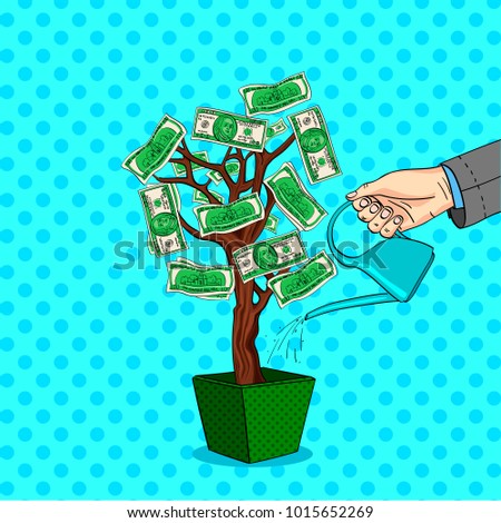 Style comics raster illustration pop art. A mans hand pours a money tree with green dollars. Watering can with water.