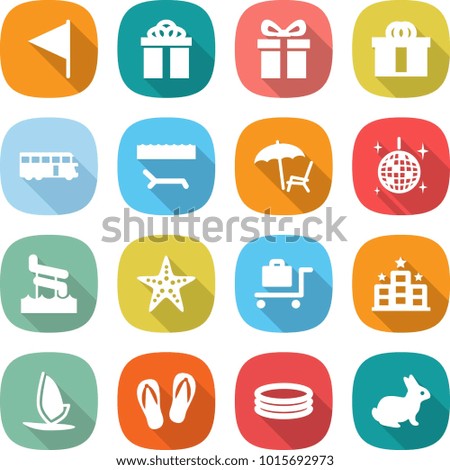 flat vector icon set - flag vector, gift, hi quality package, bus, lounger, disco ball, aquapark, starfish, baggage trolley, hotel, windsurfing, flip flops, inflatable pool, rabbit