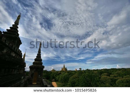 numerous pagoda and temple fields in bagan with beautiful sky, Myanmar.