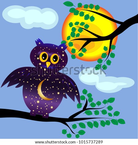 Concept day for an owl is night. Silhouette of an owl with a night sky coloring, stars, a moon on a branch against the background of the sun, a light sky