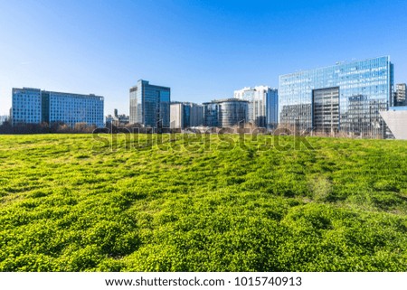 green lawn with panoramic cityscape