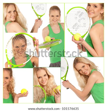 Collage of sport girl with a tennis racket on an isolated background