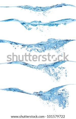 Set of splashing water waves, isolated on the white background.