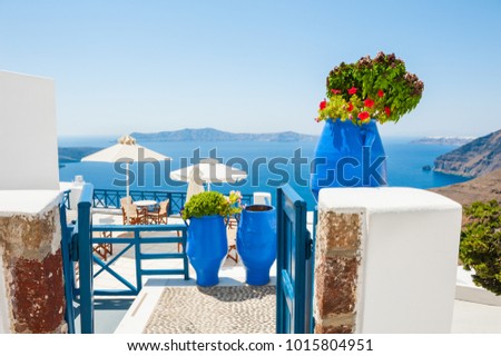 White-blue architecture and blue sea, Santorini island, Greece. Beautiful summer landscape, sea view.
