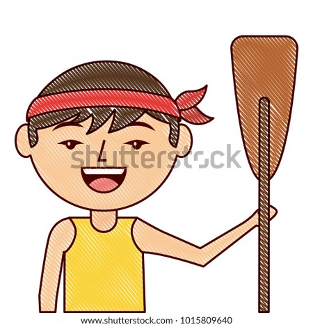 portrait cartoon man chinese with wooden oar