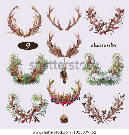 vector horns, antlers natural set. Red deer, cervus elaphus, reindeer. Woodland wildlife eco style elements. Wild winter handdrawn christmas, xmas, new year, snowy, clipart isolated collection 