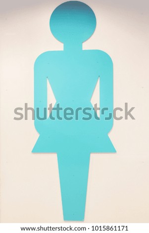 Detail of a figure on the entrance to a women's bathroom. The blue figure represents a bath with a skirt.