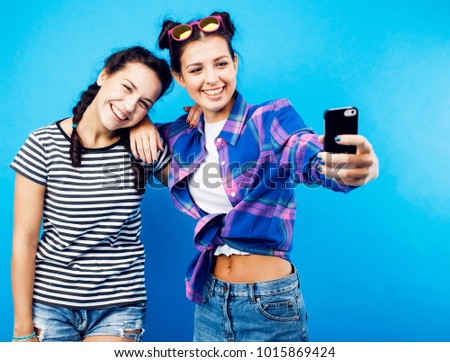 best friends teenage school girls together having fun, posing em