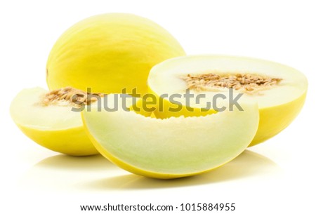 Yellow honeydew melon set isolated on white background one whole, half with seeds, seedless slice
