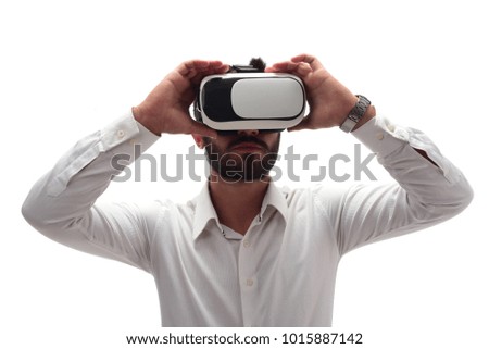 Man experiencing virtual reality wearing virtual reality glasses