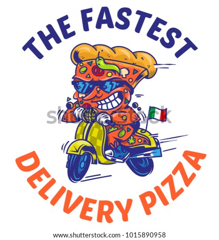 Logo symbol icon crazy big piece pizza driving fast speed retro scooter and try the fastest delivery street food eat pizza Vector modern style illustration cartoon character isolated white background.