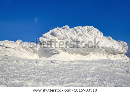 Wonderful winter landscape on a sunny day. Unreal, fantastic, mystical, frozen texture with frost, ice and snow look like waves of the ocean. Incredible silhouette and form. Carpathian national park.