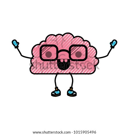 brain cartoon with glasses and happy expression in colored crayon silhouette