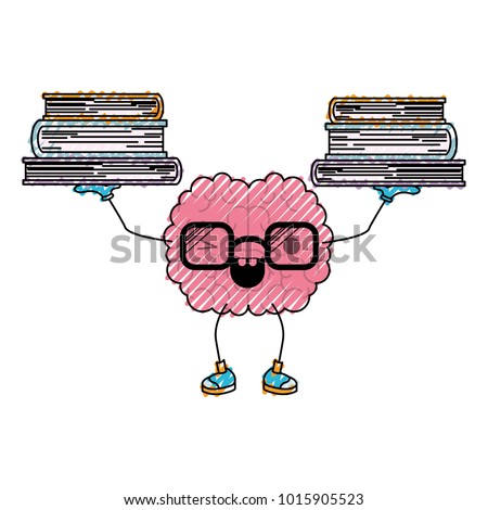 cartoon brain with glasses train the brain for knowledge with eye wink expression in colored crayon silhouette