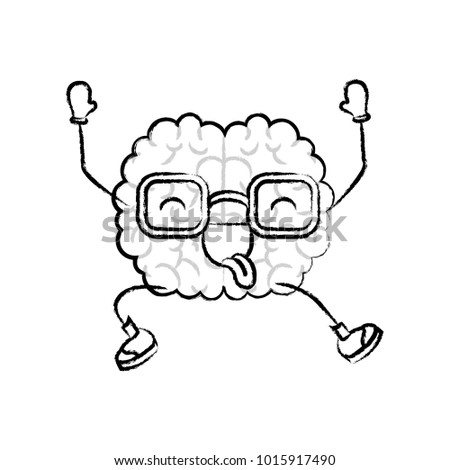 brain cartoon with glasses jumping for joy in black blurred contour