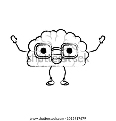 brain cartoon with glasses and cheerful expression in black blurred contour