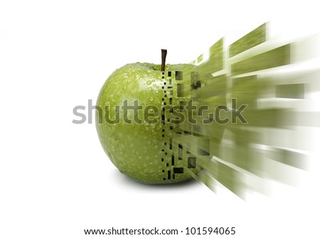 A green apple with an explosion effect on a white background.