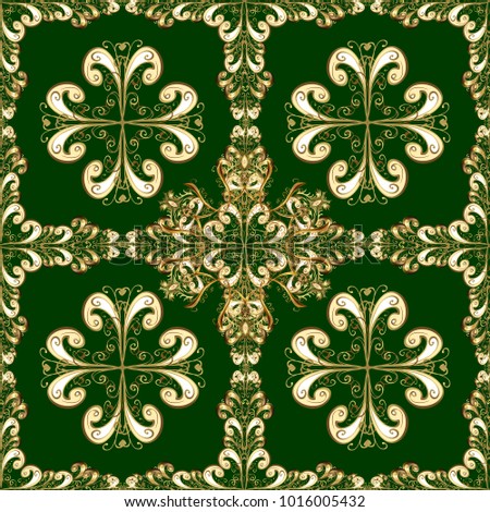 Seamless royal luxury golden baroque damask vintage. Vector seamless pattern with gold antique floral medieval decorative, leaves and golden pattern ornaments on green and yellow colors.