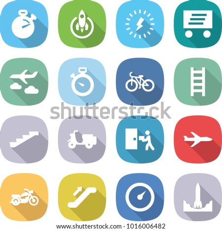 flat vector icon set - stopwatch vector, rocket, lightning, delivery, journey, bike, ladder, stairs, scooter shipping, courier, plane, motorcycle, escalator, barometer, start