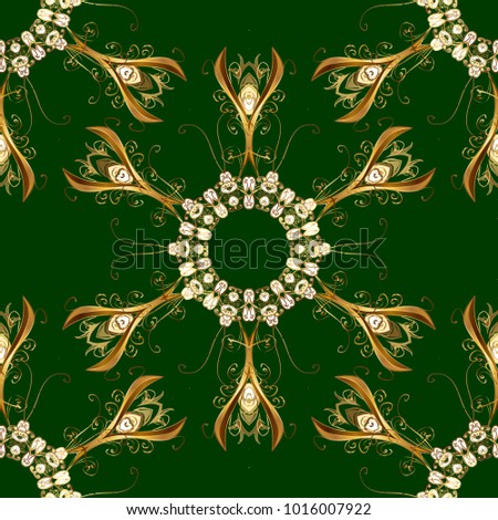 Design vintage for card, wallpaper, wrapping, textile. Seamless pattern golden elements. Floral classic texture. Royal retro on green and yellow colors. Gold template. Vector illustration.