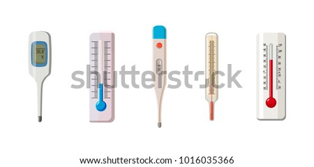 Thermometer icon set. Cartoon set of thermometer vector icons for web design isolated on white background Royalty-Free Stock Photo #1016035366