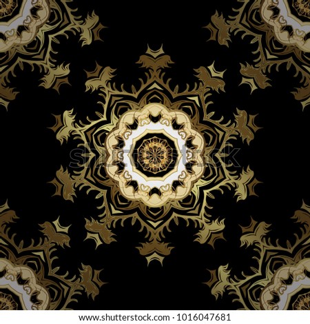 Black and yellow colors with golden elements. Vector golden floral ornament brocade textile and glass pattern. Seamless golden pattern. Gold metal with floral pattern.