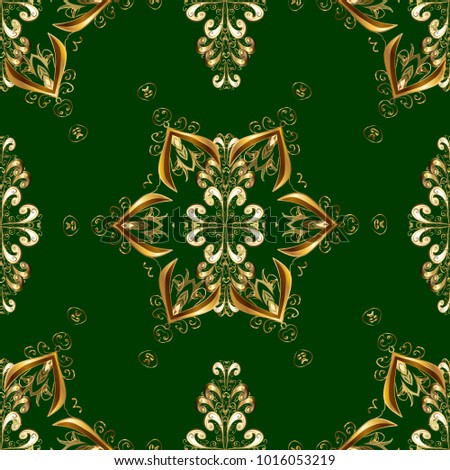 Golden pattern on green and yellow colors with golden elements. Seamless golden pattern. Vector oriental ornament.