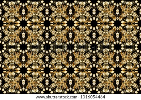 Golden pattern on black colors with golden elements. Seamless classic golden pattern. Raster traditional orient ornament.
