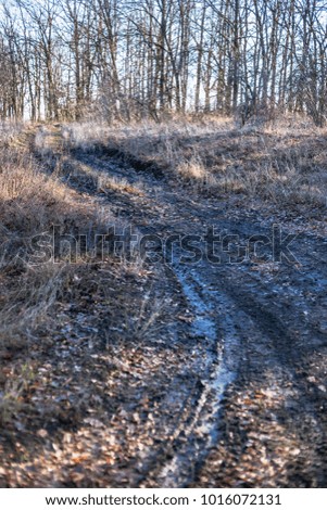 Dirty rural road with mud and water in autumn time