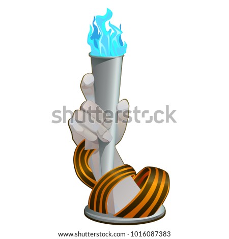 Stone statue of a human hand holding an ice torch isolated on white background. Striped victory Saint George ribbon. Vector cartoon close-up illustration.
