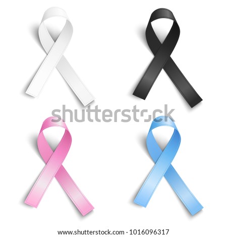 Set of realistic light blue, rosy, pink, black, white ribbons, world hope symbols, vector illustration.