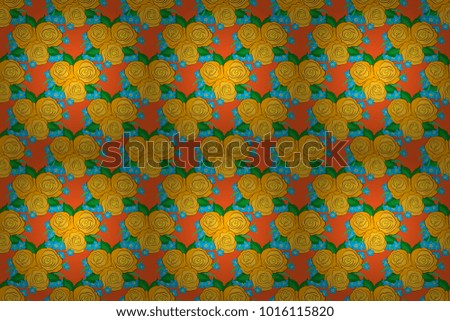 Watercolor seamless pattern on striped background. Raster floral print in blue, yellow and orange colors. Cute rose flowers and green leaves pattern,