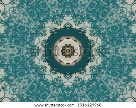 Abstract kaleidoscopic seamless background pattern of Sea view from the swimming pool with Frangipani, 
Plumeria, plants in foreground.