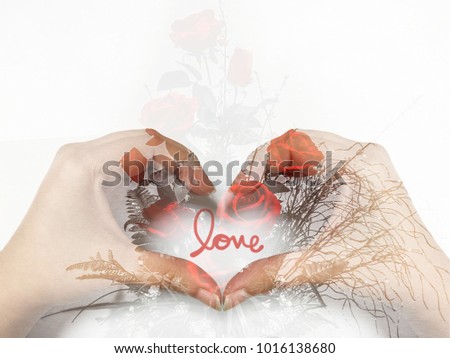 Double exposure of woman hand make heart shape and red rose