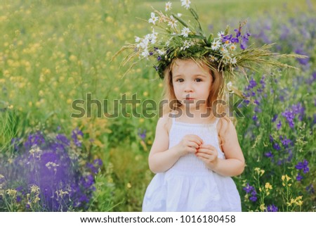 little girl walks field collects flowers violet on her head wreath with flowers of camomiles