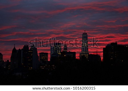 Sunset over the New York Skyline from the East Village. New York USA
