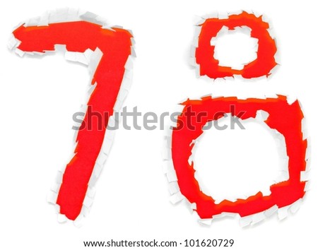 Red numbers "7,8" from the torn paper. On a white background.