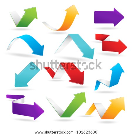 Vector arrows in 6 different colors with transparency shadows. Complete 6 colors placed on different layer.