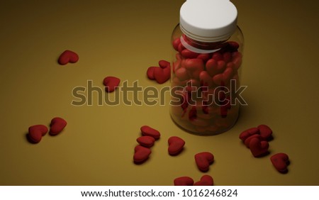 Heart shaped pills in a medical can on yellow background. 3d illustration. Love addiction concept. February 14 gift card. St. Valentine's day medicine.