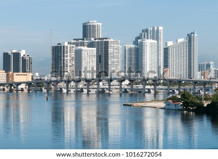 Morning reflections off the water of Miami downtown skyline (Florida).
