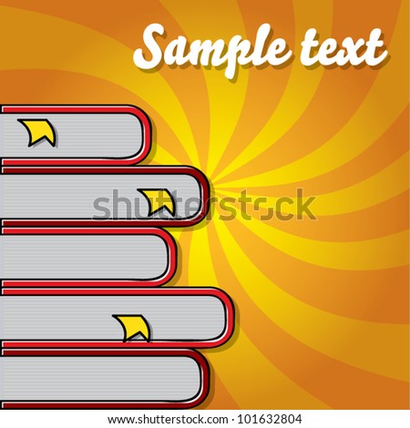 Pile of books with page markers on dynamic background, library concept, vector illustration