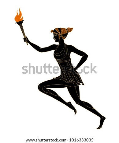 Running woman with a burning torch in her hand in the Greek style red-figured pottery. Vector. Isolated on white background