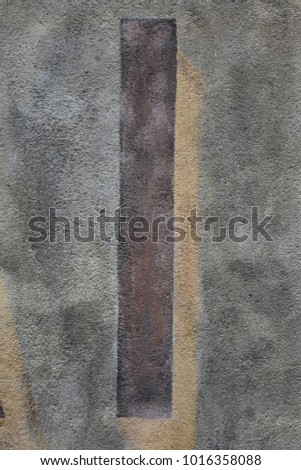 Capital letter I written on a grey ancient wall. Dark painted character on a flat vertical surface. Simple abstract picture. Isolated symbol of the alphabet. Brown, black, grey and beige colors.  